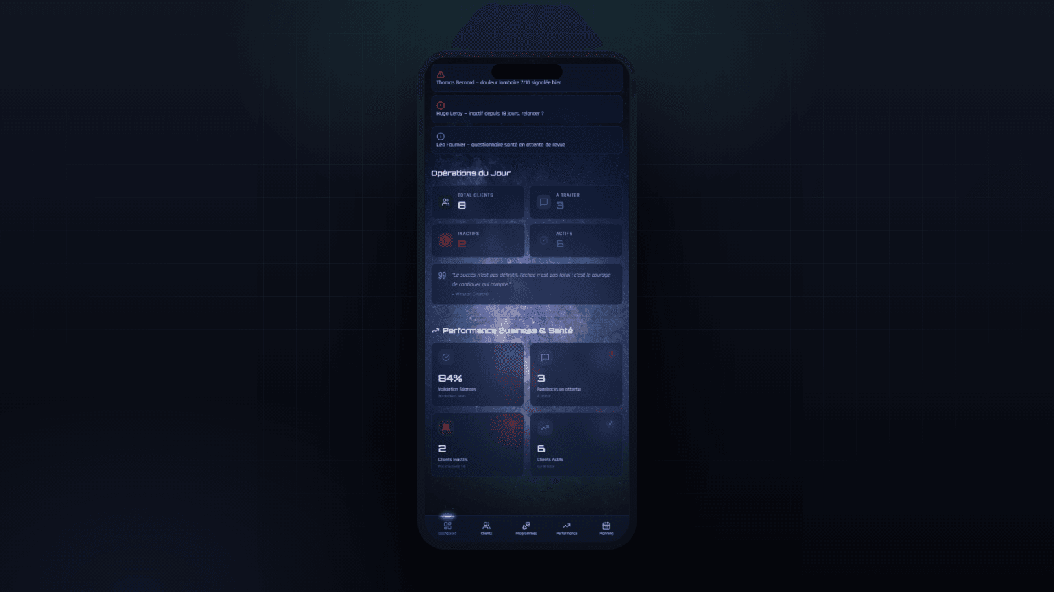 Dashboard coach - cockpit activité et alertes clients